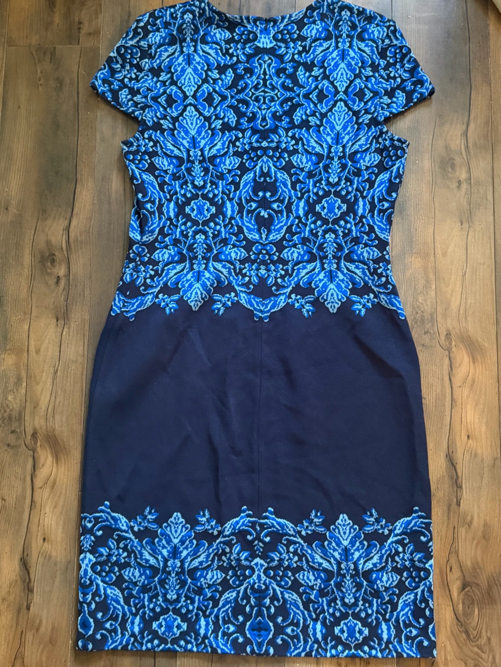 St John | Blue Jacquard Metallic Knit Sheath Dress | Size 8 - Picture 9 of 15